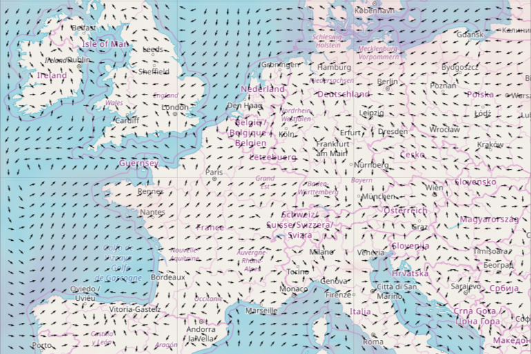 Joint display of speed wind (color) and wind direction (arrows) weather layer