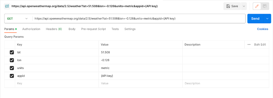 Example of API call to Current weather data with optional parameter